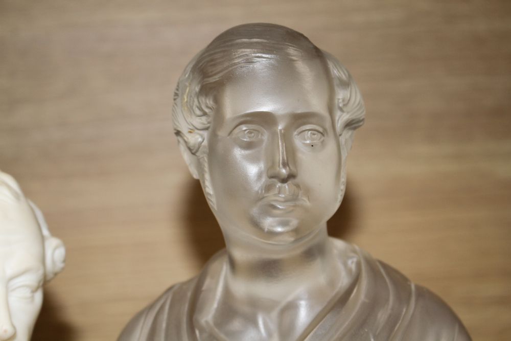 A glass bust of Prince Albert by F & C Osler, inscribed to base, 26cm and a parian bust of Disraeli (2)